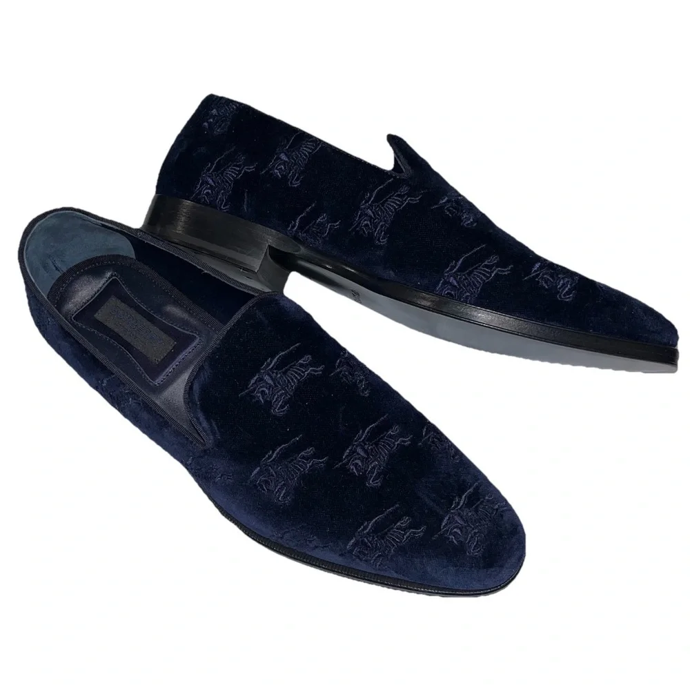 Burberry Blue Loafers Velvet Embroidered Formal Mens 8 Formal Wayne NWOB 🟡